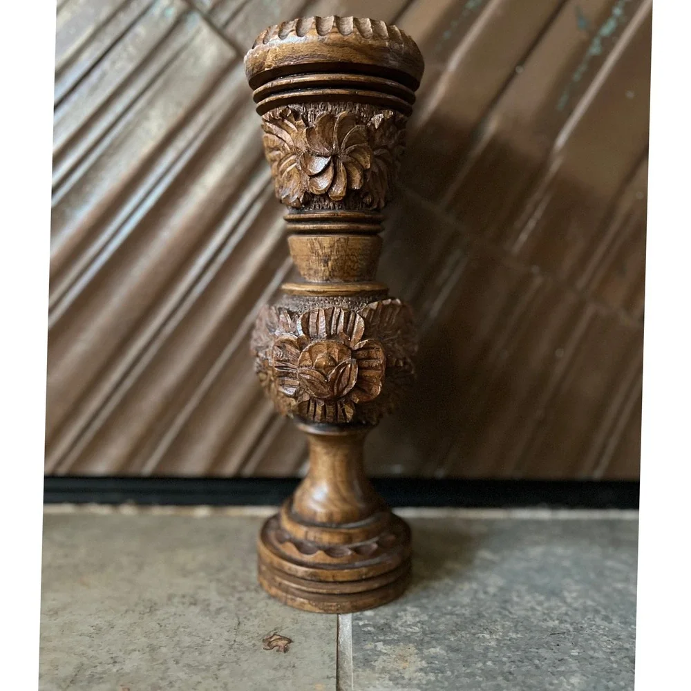 Hand Carved Floral Wooden Vase Rustic Artisan Decorative‎ Wood Sculpture Vessel